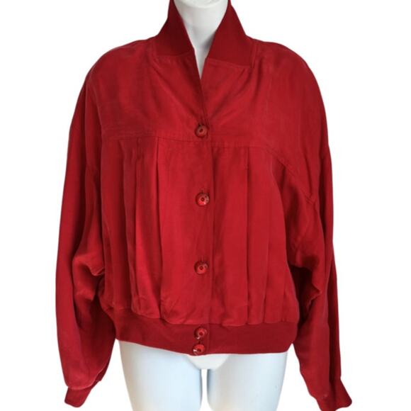 Vintage 80s Cherry Red Button Up Blouse Top Shawl Collar Oversize Size S - Picture 1 of 8